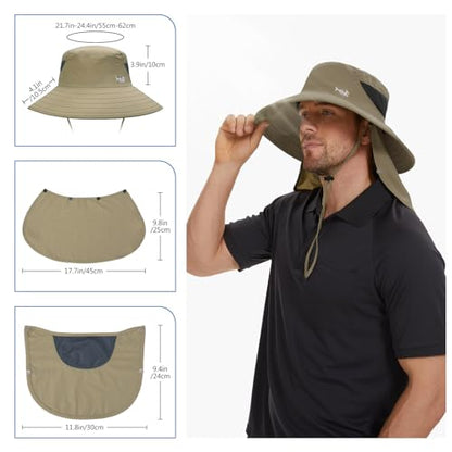 BASSDASH UPF 50+ Breathable Sun Hat with Removable Face Cover and Neck Flap Wide Brim Bucket Hat for Fishing Hiking Men Women - color: Khaki