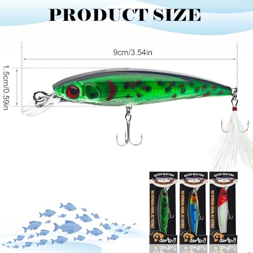 Floating Minnow Fishing Lures with Feathered Treble Hooks, 3D Lifelike Eyes & Holographic Finish, Topwater Hard Baits for Bass, Redfish, Freshwater & Inshore Saltwater Fishing, 3 Pack (A) - color: A-3.6inch/0.24oz/3pcs