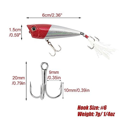 Alwonder 5-Pack Fishing Popper Lure, Fishing Top Water Lures Bass Lures Feathered Treble Hooks Rooster Tail Lure Plugs Hard Baits