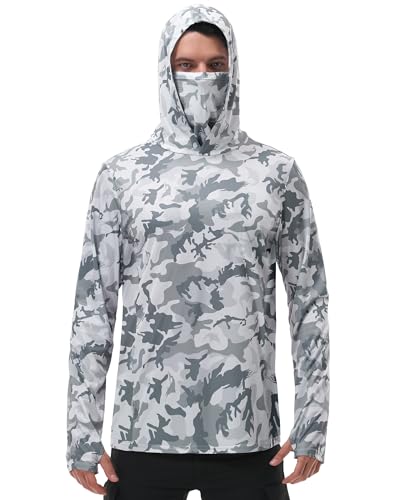 FISHEAL Men's Performance Fishing Hoodie Shirt - UPF 50+ Sun Protection Long Sleeve Thumbholes Shirts with Neck Gaiter - color: Castle Gray, size: XX-Large