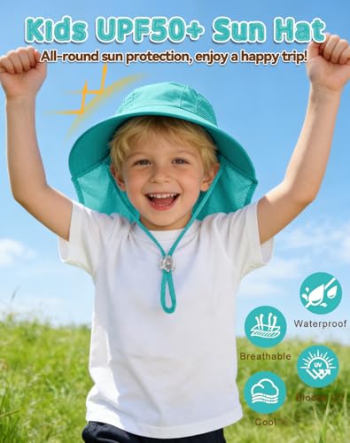 Rosoz Kids Sun Hat with Neck Flap UV Protection Summer Toddler Beach Hat Unisex Ponytail Hat Wide Brim Fishing Hat - color: Blue+lake Blue