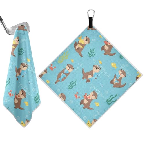Otters Seaweed Fish Blue Pattern Magnetic Golf Towel for Golf Bags Microfiber Golf Essentials for Men Women with Carabiner Clip Attaches to Clubs and Carts, 17.7"x17.7"