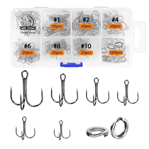 UCEC Fishing Hooks Treble Hooks Kit for Saltwater Freshwater, High Carbon Steel Strong Sharp Round Bend for Catfish Trout Hard Baits Lures, Size #1#2#4#6#8#10#12#14 110/50/210 Pack with Split Rings - style: 100pcs Split Rings & 110pcs Silver Hooks, #1 #2