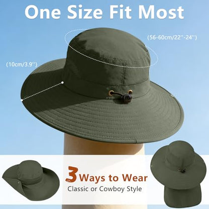ZOORON Sun Hats for Men Women Fishing Hat with Neck Flap,UPF 50+ Sun Hat Waterproof Wide Brim Bucket Hats for Safari Hiking - color: 1-army Green-arm Sleeves