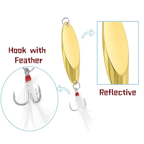 Fishing Spoons Fishing Lures Hard Metal Spinner Baits Reflective Casting Spoon Treble Hooks Jigs for Freshwater Saltwater，5 PCS with Box - color: Golden, size: 3/4oz