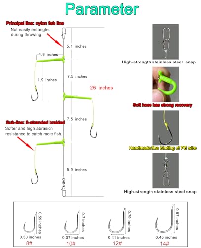 Abrasion Resistant Braided Fishing Lines with 3 Hooks and Stainless Steel Snap Connect, Anti-Tangle Tandem Fishing Hooks with Organizer, 5 Sets of Hooks with Storage Box