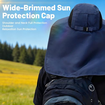 Solar Fan Hat Wide Fishing Hat Breathable Neck Flap Bucket Hats Outdoor Sun Hats for Men Women with USB Charging - color: Navy Blue