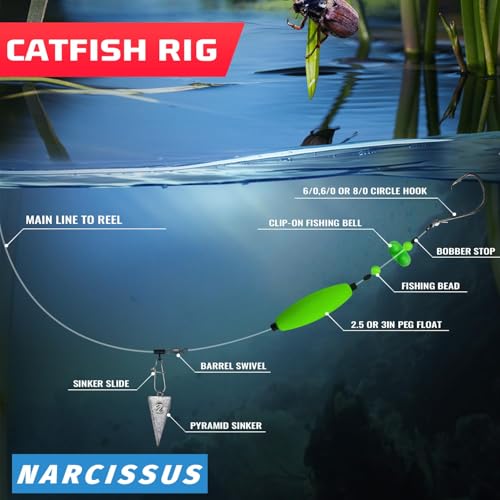 Narcissus Catfish Rigs Set – 6 Pre-Tied Rigs with 2 Sinker Sliders, Float Rigs Tackle, Santee Rig, Circle Hooks 6/0 – Complete & Ready-to-Use Kit - color: Hook Size 5/0&8/0-Weight 3 oz New