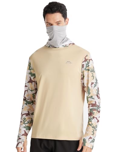 FISHEAL Men's Performance Fishing Hoodie Shirt - UPF 50+ UV Sun Protection Long Sleeve Shirts with Mesh Face Mask - color: Desert Sand Camo, size: XX-Large