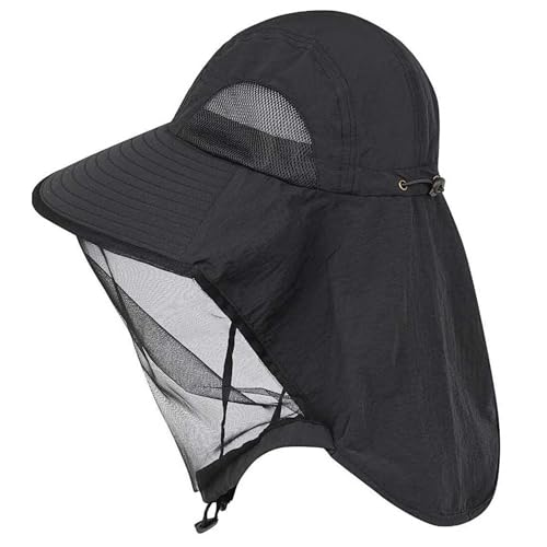 Mosquito Fishing Safari Mesh Net Hat with Neck Flap, Sun Protection Women Men Bug Cap, Hidden Netting Boonie - color: Black