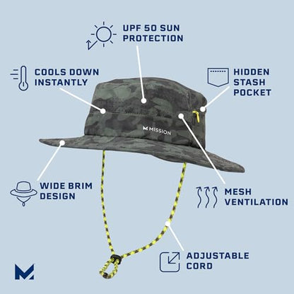 MISSION Cooling Anywhere Boonie Hat - Unisex Wide-Brim Hat for Men & Women - Cools Up to 2 Hours - UPF 50 Sun Protection - color: Etched Camo Black Forest