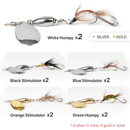 Trout Spinner Lures with Stimulator/Humpy Dry Fly Tail, 100% Hand-Tied 5/10 Pack Rooster Tail Fishing Spinnerbait for Bass, Pike, Salmon