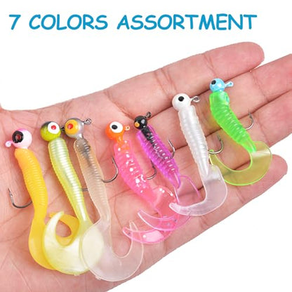 Soft Fishing Lures Jig Head Hooks Kit, 17pcs Crappie Jigs Soft Plastic Grub Tail Worm Lures Tackle for Bass Trout Saltwater Freshwater Fishing Mixed Color