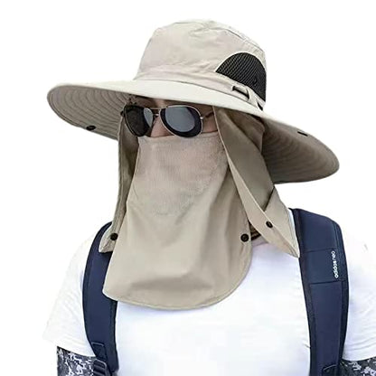 Fishing Hat for Men, UPF 50+ Removable Sun Protection Cap with Face Neck Flap, Hiking & Garden Summer Sun Hat for Women (US, Alpha, One Size, Khaki)