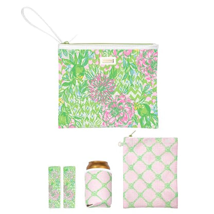 Lilly Pulitzer Water Resistant Vinyl Beach Day Pouch, Zipper Bag Includes Drink Hugger, Small Pouch, and Towel Clips - color: Lime Feeling Good