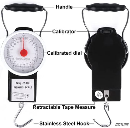 Goture Fishing Hanging Scale Mechanical Kitchen and Fish Fishing Scale Multi-Purpose Portable Hand Held Dial Weight Scale with Tape Measure (50 Lbs / 22Kg) - color: Fishing Hanging Scale
