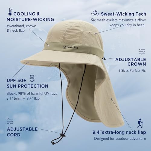 TOP-EX Cooling Sun Hat with Neck Flap – UPF 50+ Wide Brim Breathable Hat for Hiking, Fishing & Big Heads - color: Light Khaki, size: X-Large-XX-Large