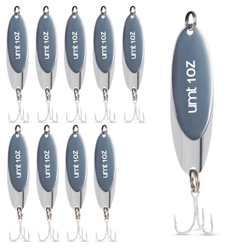 UMT Chrome Fishing Spoon Lure 3/4oz,1oz, 2oz – Sharp 3/0 Treble Hook for Freshwater & Saltwater Bluefish, Trout, Steelhead 1, 5, 10 Pack Options - size: 10 Pack