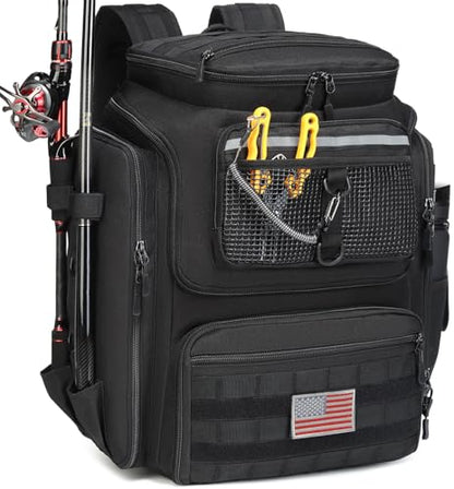 HAMBOLY Fishing Backpack 45L with Rod Holders, Water-Resistant Tackle Backpack for Fishermen, Large Capacity Fishing Gear Bag for Travel Hiking Camping - color: Black