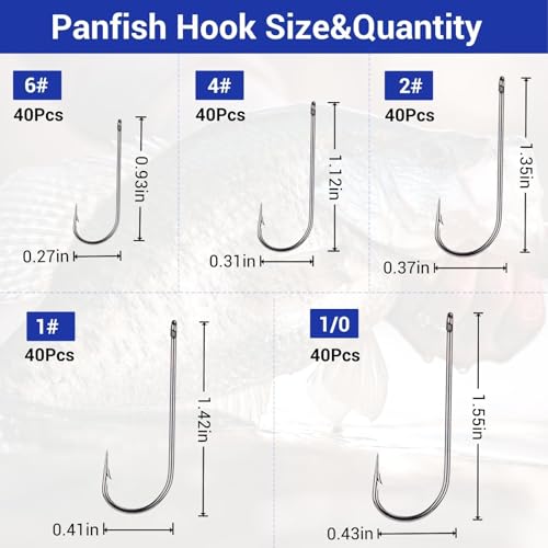 Panfish Fishing Hooks, 200Pcs Aberdeen Hooks 5 Sizes Assorted | Light Wire Crappie Hooks, Straight Shank Live Bait Fishing Freshwater, For Bluegill Small Bass, 6# 4# 2# 1# 1/0