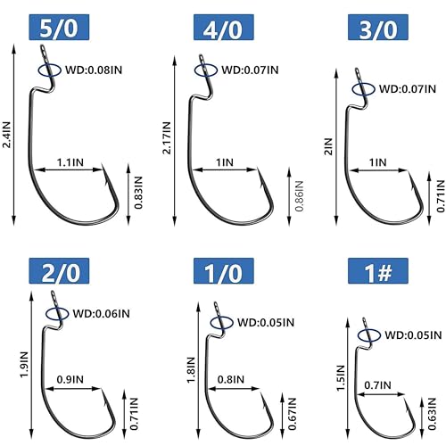Bass Fishing Hooks 3X Strong Offset EWG Worm Hooks Jigs for Soft Plastic Bait Bass Trout Texas Rig 1-5/0 - size: 50PCS-5/0
