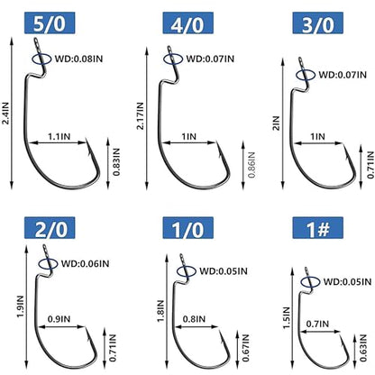Bass Fishing Hooks 3X Strong Offset EWG Worm Hooks Jigs for Soft Plastic Bait Bass Trout Texas Rig 1-5/0 - size: 50PCS-5/0