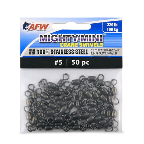 AFW American Fishing Wire Fishing Swivels - Mighty Mini 100% Stainless Steel Crane Swivels, 3X Stronger Than Brass, for Terminal Tackle Box, Up to 600lb Test - Fishing Gear for Fishing Line Leaders - size: 50 Pieces, 220 Pound Test