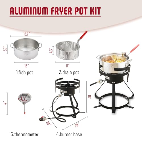 Feasto 10 Qt Outdoor Propane Gas Fish Fryer Pot Kit with Strainer Basket | Aluminum, 50,000 BTU Burner, Adjustable 0-5 PSI Regulator, Perfect for Boiling and Frying - size: 10