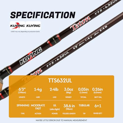 Teton 5'2"-6'6" BFS Fishing Rod Casting & Spinning, Ultra Light Rods, 40T Carbon Fiber Blank, Fuji Guides & Reel Seat, MF Fast Action, 2 Piece Travel Trout Lure Pole - size: Spin 6'3"-UL-M Fast-TTS632UL