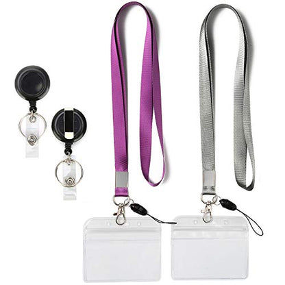 2Pack Lanyards,Horizontal ID Badge Holders, Retractable Reel,Purple,Grey | Lightweight with Metal Hook,for Office etc - color: Grey&purple&badge Reel-badge Holder Horizontal