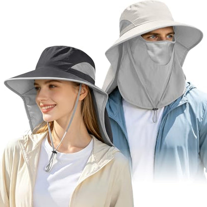 2 Pack Women Men Outdoor Wide Brim Sun Hat with Neck Face Flap,UPF 50+ Protection Fishing Garden Work Hat with Ponytail Hole - color: Dark Grey ＆ Beige