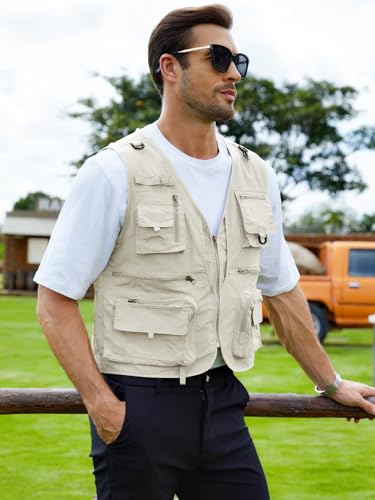 Gihuo Mens Fishing Vest Lightweight Utility Vests Cargo Outdoor Safari Travel Vest with Pockets - color: Beige, size: Medium