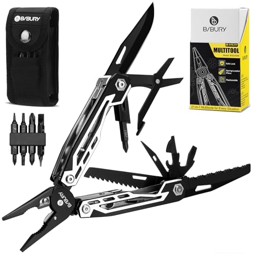 BIBURY Multitool, 21-in-1 Stainless Steel Pocket Knife with Scissors, Self-locking Multi Tool Pliers with Sheath for Outdoor, Survival, Camping, Home Repair, Gadgets for men Gifts for Men - BI2029AB