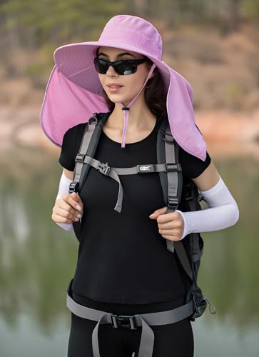 HUAMULAN Women Large Brim Sun Hat with Neck Flap, Men Quick Dry Hiking Fishing Safari Hat UPF 50+ - color: Lavender Pink ‌with Mesh Panel