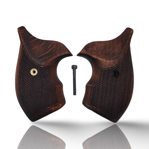 J Round Revolver Grips Compatible with S&W, Real Wood Gun Grips fits Smith & Wesson J Frame Round Butt .38 Special and 9mm Revolvers/Screw Included - color: Checkred - Brown, size: Beech Wood