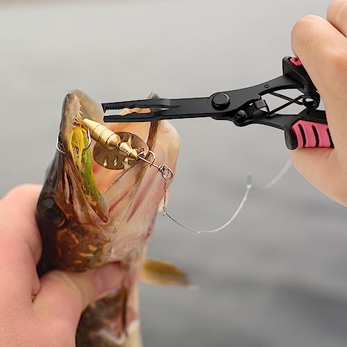 mouhike Fishing Pliers Fish Lip Gripper Fishing Tool Kit Muti-Function Saltwater Fishing Line Cutter Hook Remover with Sheath Lanyard, Fly Ice Fishing Gear Fishing Gifts for Men Women - color: Pink & Black