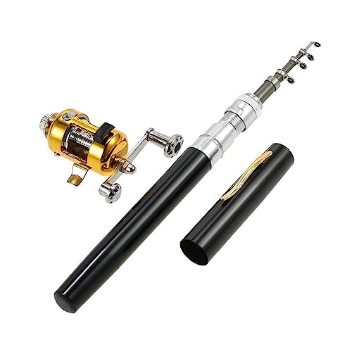 Jatzde Mini Portable Pocket Fish Rod Pen Aluminum Alloy Fishing Rod Pole Reel Combos… - color: Black