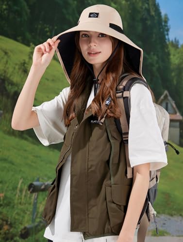 HUAMULAN Men Summer Sun Hat Women Safari Wide Brim Fishing Hats UV Protection Neck Flap Bucket Gardening Hiking Hunting Cap - color: Beige With Black Mesh