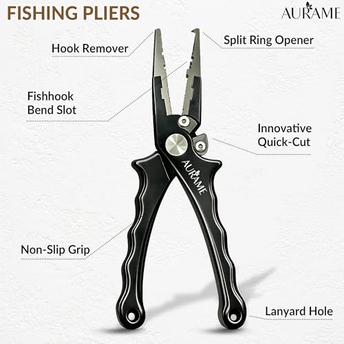 Fishing Pliers Saltwater Resistant Aluminum – Split Ring Pliers & Hook Remover Tool – 6.7in Braid Line Cutter, Sheath & Lanyard – Professional Fishing Tools Kit for Fresh & Salt Water