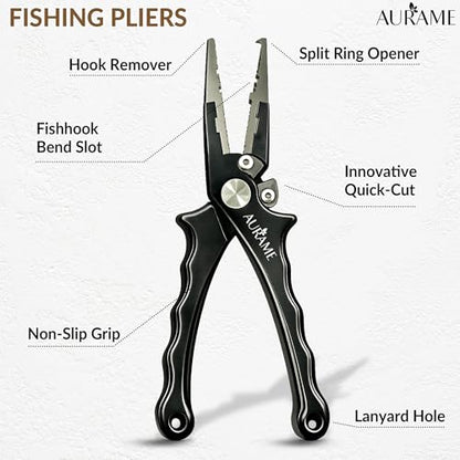Fishing Pliers Saltwater Resistant Aluminum – Split Ring Pliers & Hook Remover Tool – 6.7in Braid Line Cutter, Sheath & Lanyard – Professional Fishing Tools Kit for Fresh & Salt Water