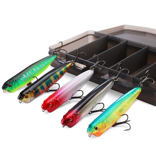 FLISSA 5PCS Top Water Fishing Lures Kits, Bass Fishing Lures for Freshwater & Saltwater, Realistic Hard Bait, Popper Fishing Lure with Treble Hooks for Trout, Bass, Salmon, Walleye Fishing