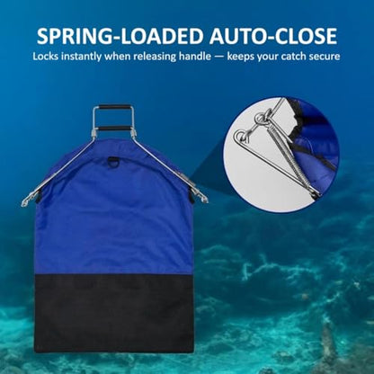 Blue Reef Lobster Catch Bag 30" x 24" – One-Hand Squeeze Open & Auto-Close, Extra Large Spearfishing & Diving Net Bag, Durable Nylon Mesh with Stainless Steel Frame for Lobster, Crab & Fish Catching