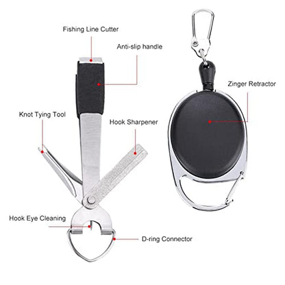 Fishing Knot Tool, with Line Cutter and Hook Sharpener, Multi Function Fishing Tool, with Retractor Clip, Portable Gear, for Fly Use