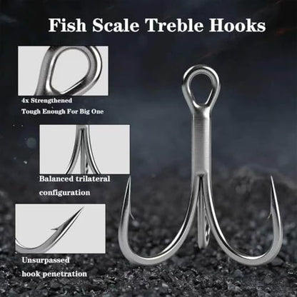 50pcs High Carbon Steel Fishing Treble Hooks - Super Sharp Solid Triple Barbed 3X Strong Professional V Design, Size 4/6/8/10/12/14, Saltwater and Freshwater Replacement Hooks - size: 3x-6#