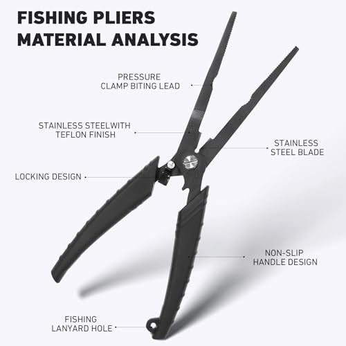 Golden J Teflon Fishing Pliers, Multi-Function Hook Remover-Long Nose Pliers, PE/Braided Line Cutter, Saltwater Resistant Fishing Gear, For Deep-Sea, Ice & Surf Fishing - Ideal for Anglers