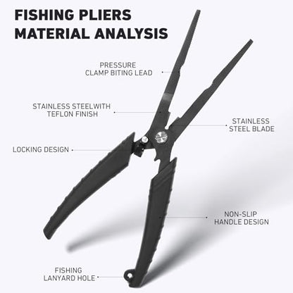 Golden J Teflon Fishing Pliers, Multi-Function Hook Remover-Long Nose Pliers, PE/Braided Line Cutter, Saltwater Resistant Fishing Gear, For Deep-Sea, Ice & Surf Fishing - Ideal for Anglers