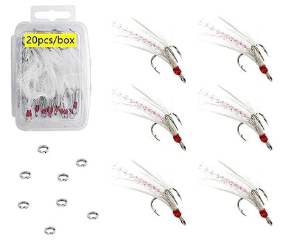 Fishing Treble Hooks Feather Dressed: 20pcs/Box Feathered Treble Hook Size 2 4 6 8 with Split Rings Replacement for Fishing Lure Spinner Spoon Crankbait Making - color: White, size: 4#