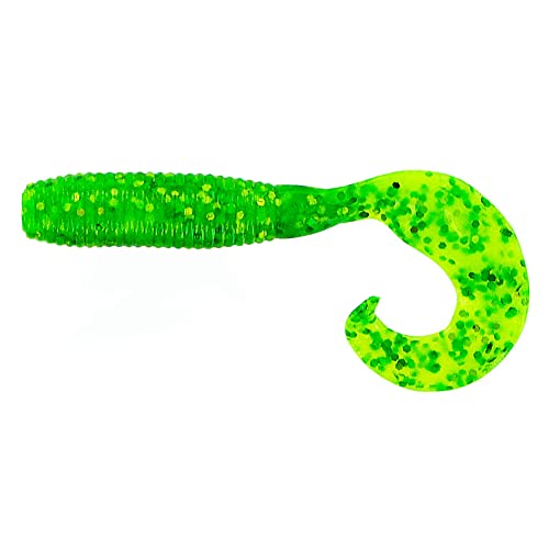 Yamamoto 5 Single Tail Grub Soft Plastic Fishing Angling Swimbait Lures with Tail-Curling Action - 20 Pack - color: CHARTREUSE W/ LARGE GREEN & CHARTREUSE FLAKE (20 PACK)