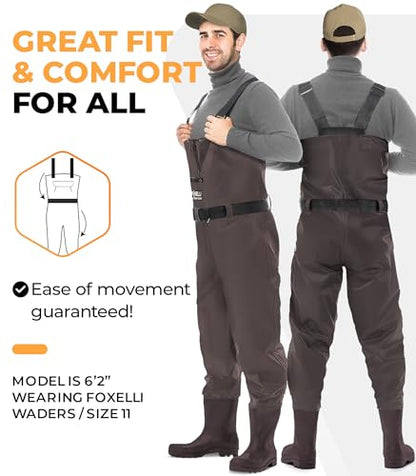 Foxelli Chest Waders – Waterproof 2-ply Nylon/PVC Camo Hunting Fishing Waders for Men and Women with Boots - color: Brown, size: 14