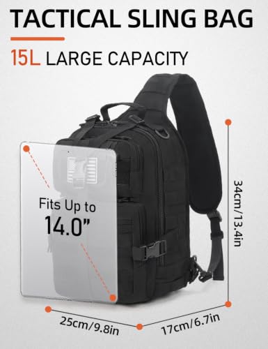 J.SH Tactical Sling Bag for Men, Military Shoulder Sling Backpack(Bag Only) | MOLLE System, EDC Bag, Fits Most 14" Laptops & iPad Pro, Crossbody Shoulder Backpack for Commute, Travel & Fishing - Black - color: Black - Large (15l)